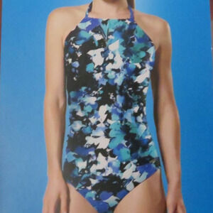 Speedo Womens Sz XXL Blue Pattern One Piece Swimsuit High Neck Tie Back Swimwear